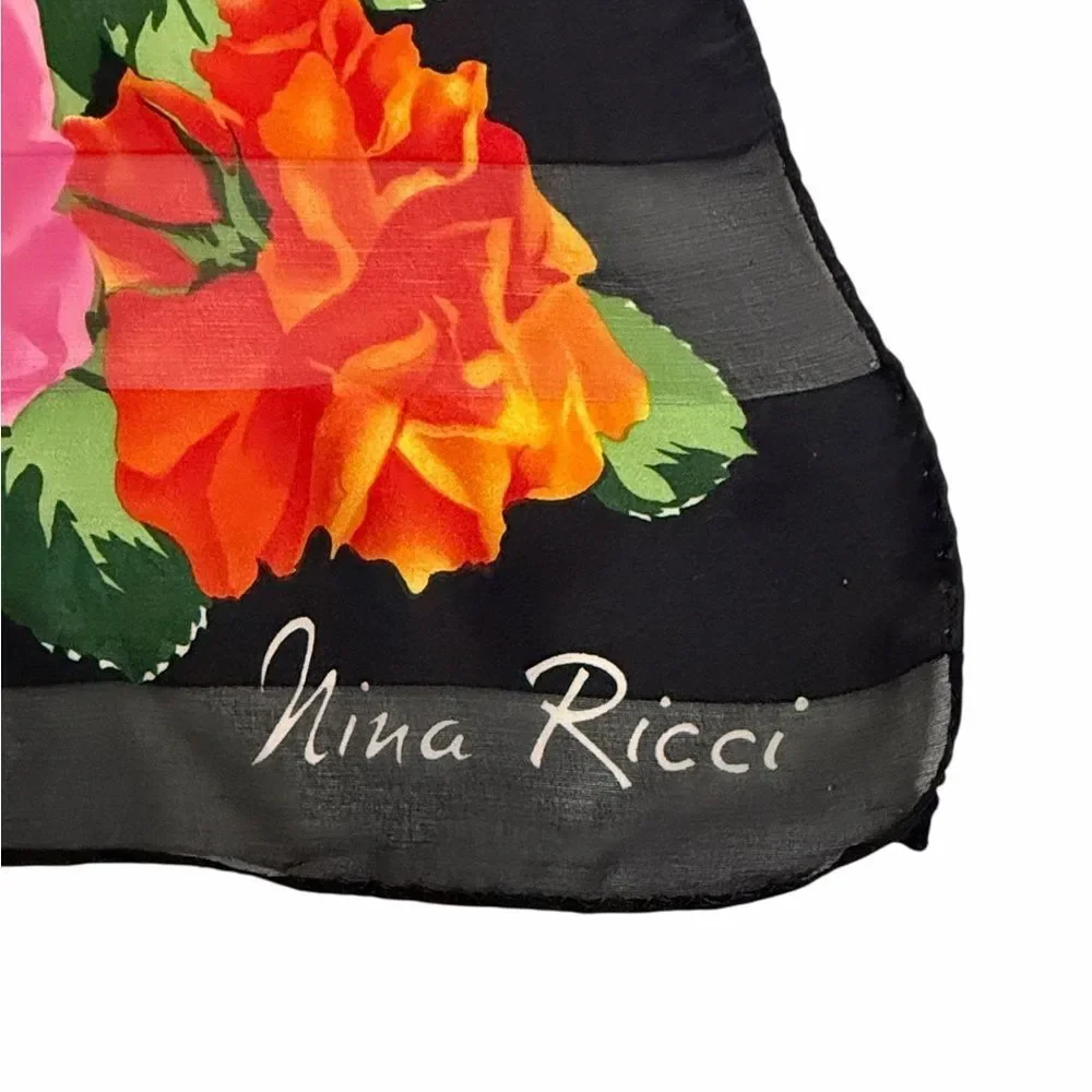Vintage Nina Ricci Silk Scarf Black with Roses Floral and Lace Print 34x34